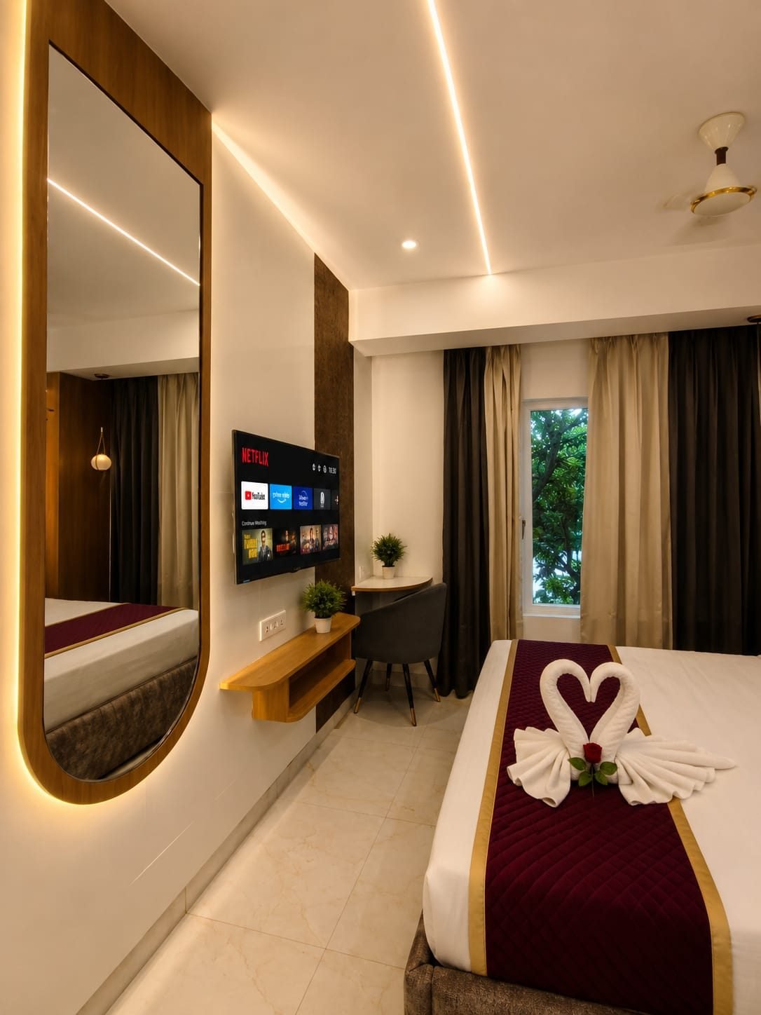 Bedroom with arched mirror
